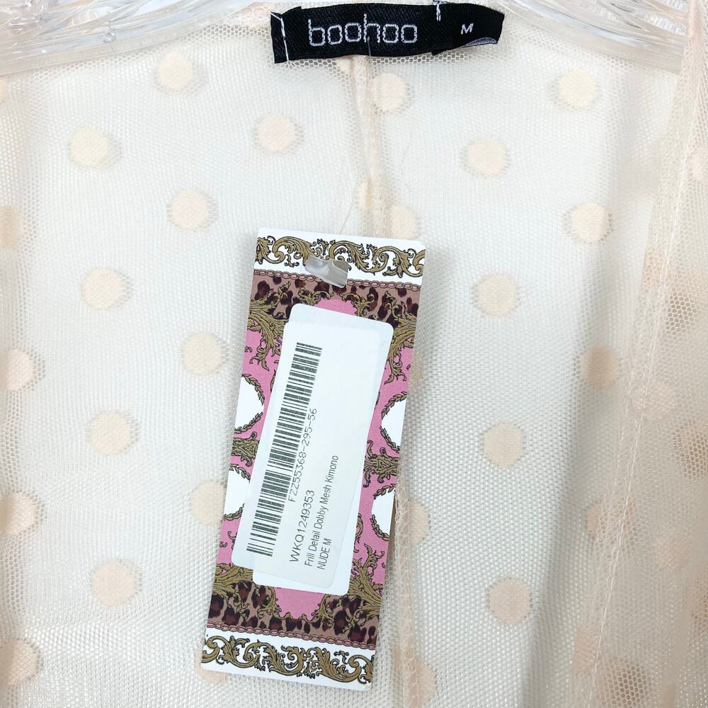NWT BOOHOO Robe Duster Cardigan M Peach Polkadot Sheer Mesh Open Ruffle Bow-Cuff - Picture 8 of 13
